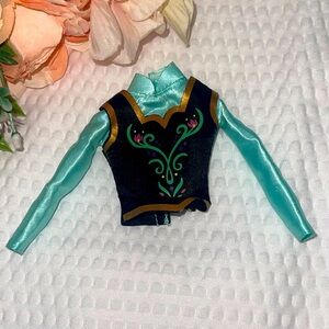 Disney Frozen Princess Anna Doll Shirt Top Turquoise Long Sleeve Black Bodice